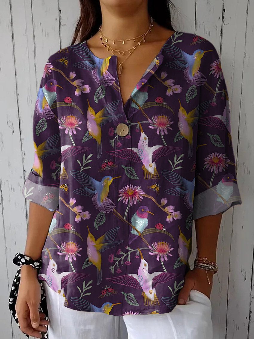 Midnight Hummingbird Pattern Printed Women's Casual Cotton Linen Shirt