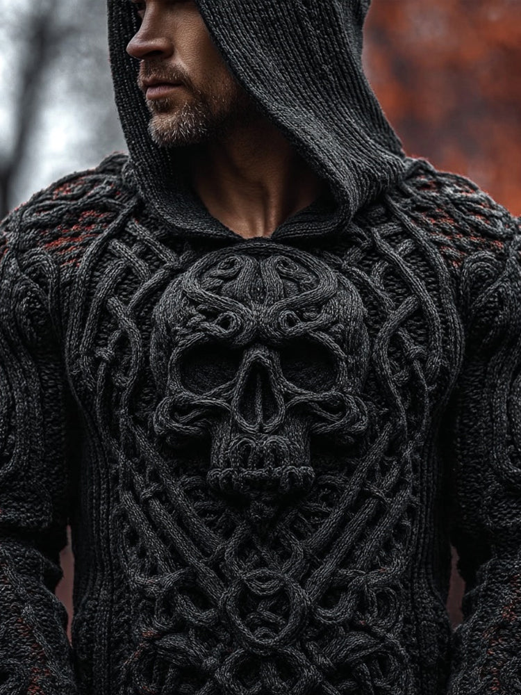 Men's Vintage Skull Celtic Chunky Cozy Hooded Sweater artswardrobe