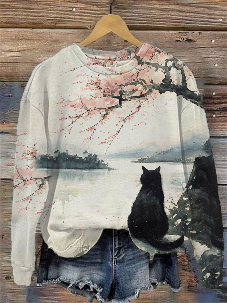 Women's Casual Japanese Art Black Cat Print Sweatshirt elevenforest