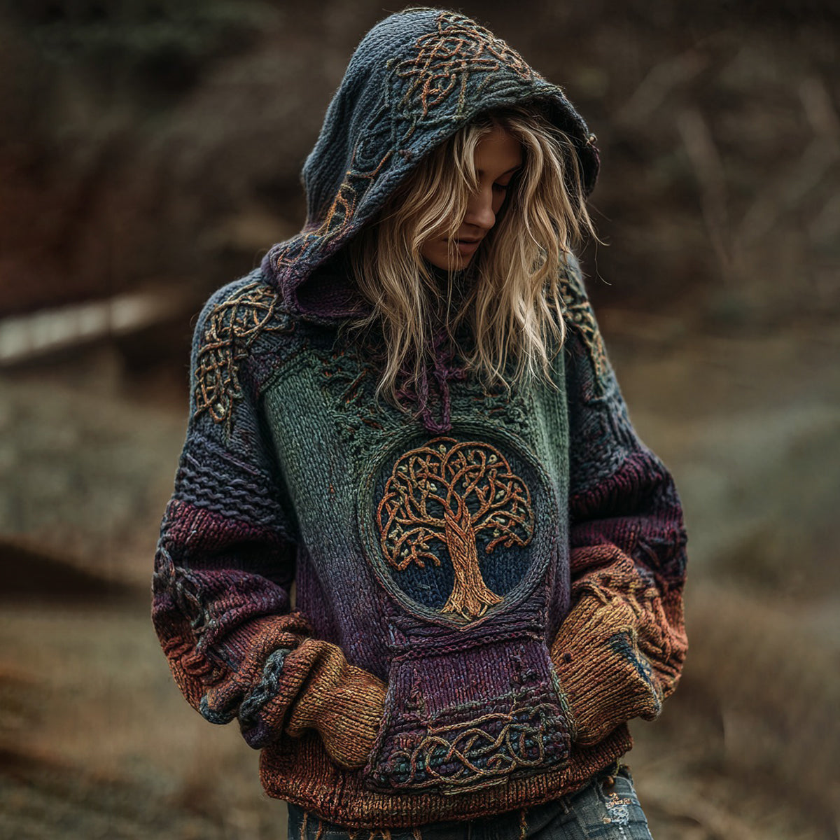 Viking Boho Life Of Tree Gradient Art Chunky Knitted Cozy Hooded Sweater artswardrobe