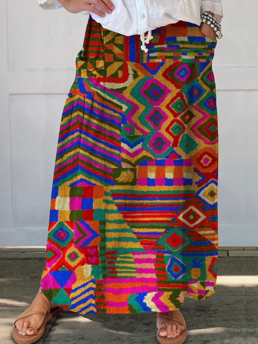 Women's Vintage Ethnic Pattern Art Print Linen Pocket Skirt