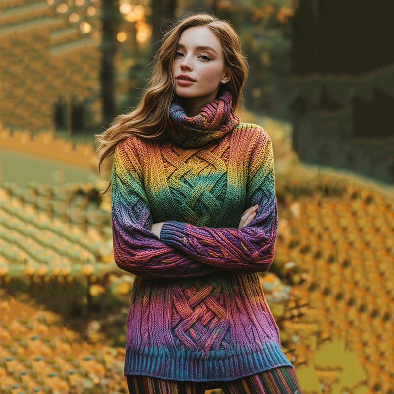 Retro Warmth Rainbow Celtic Knot Knitted Gradient Turtleneck Sweater elevenforest