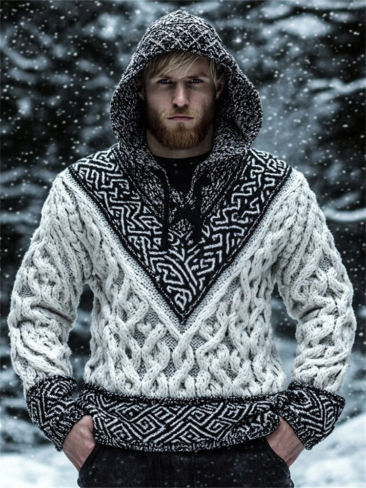Men's Viking Tribal Celtic Contrast Patchwork Chunky Hooded Sweater artswardrobe