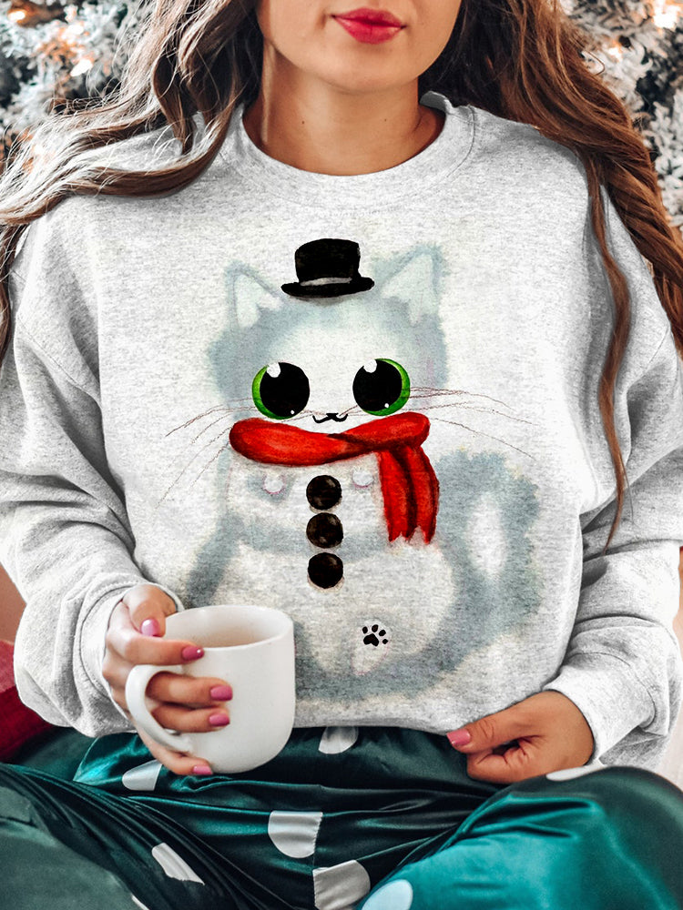 Cute Snowman Cat Art Pattern Comfy Sweatshirt elevenforest