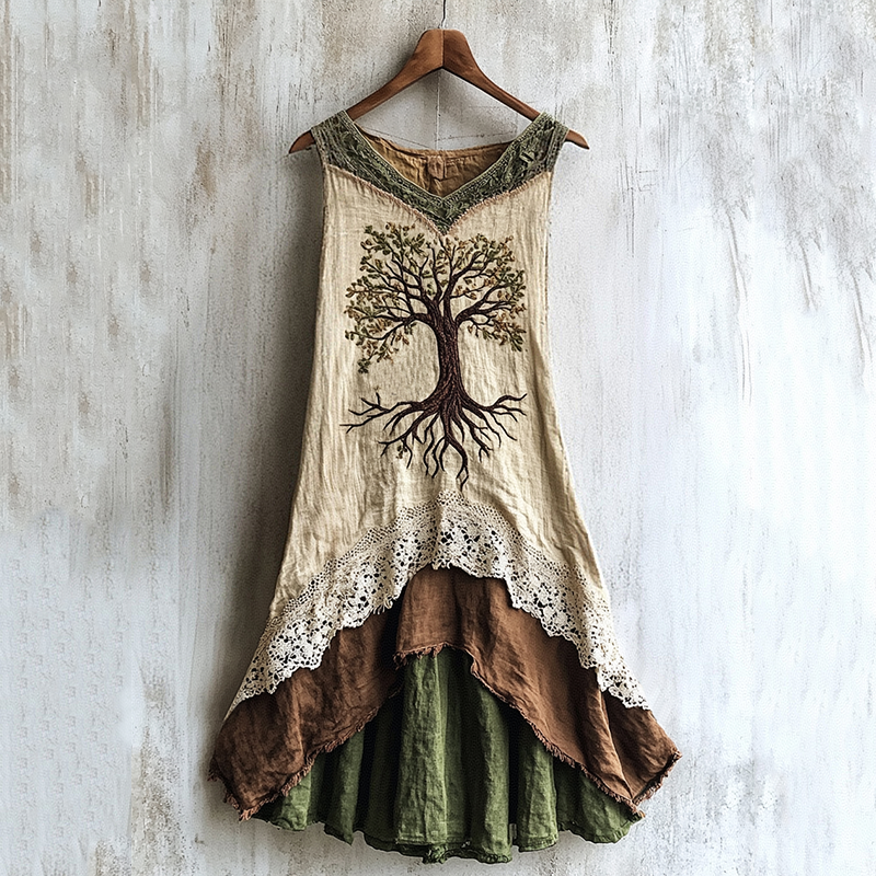 Viking Celtic Tree Of Life Lace Art Patchwork Linen Tank Dress artswardrobe