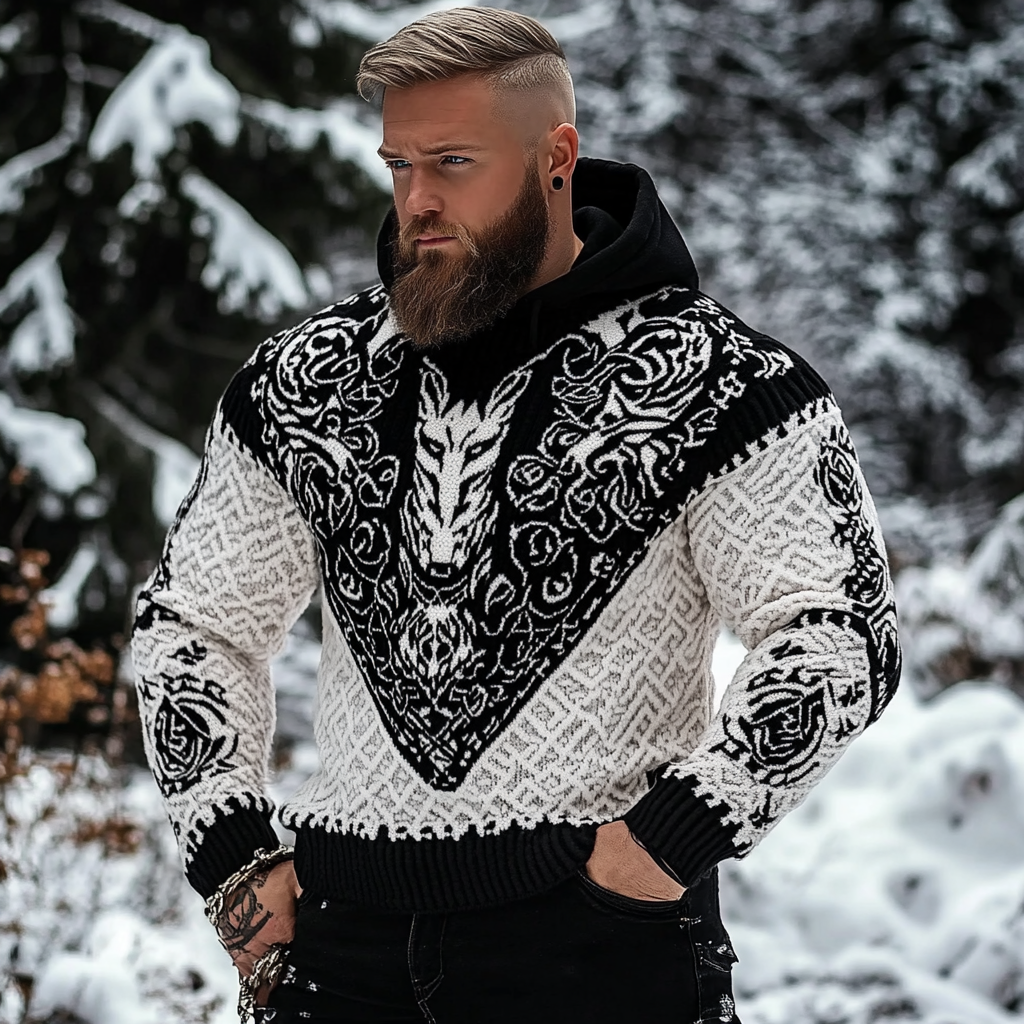 Men's Viking Wolf Style Celtic Knitted Warm Hooded Sweater artswardrobe