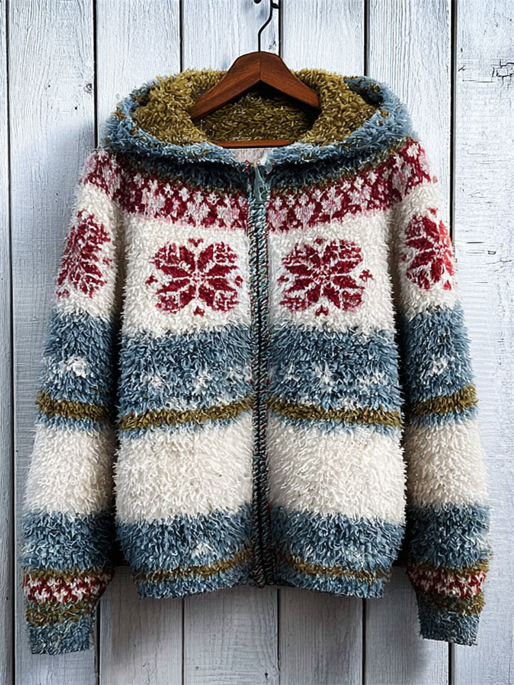 Vintage Winter Snowflakes Contrast Isle Cozy Hooded Fleece Jacket