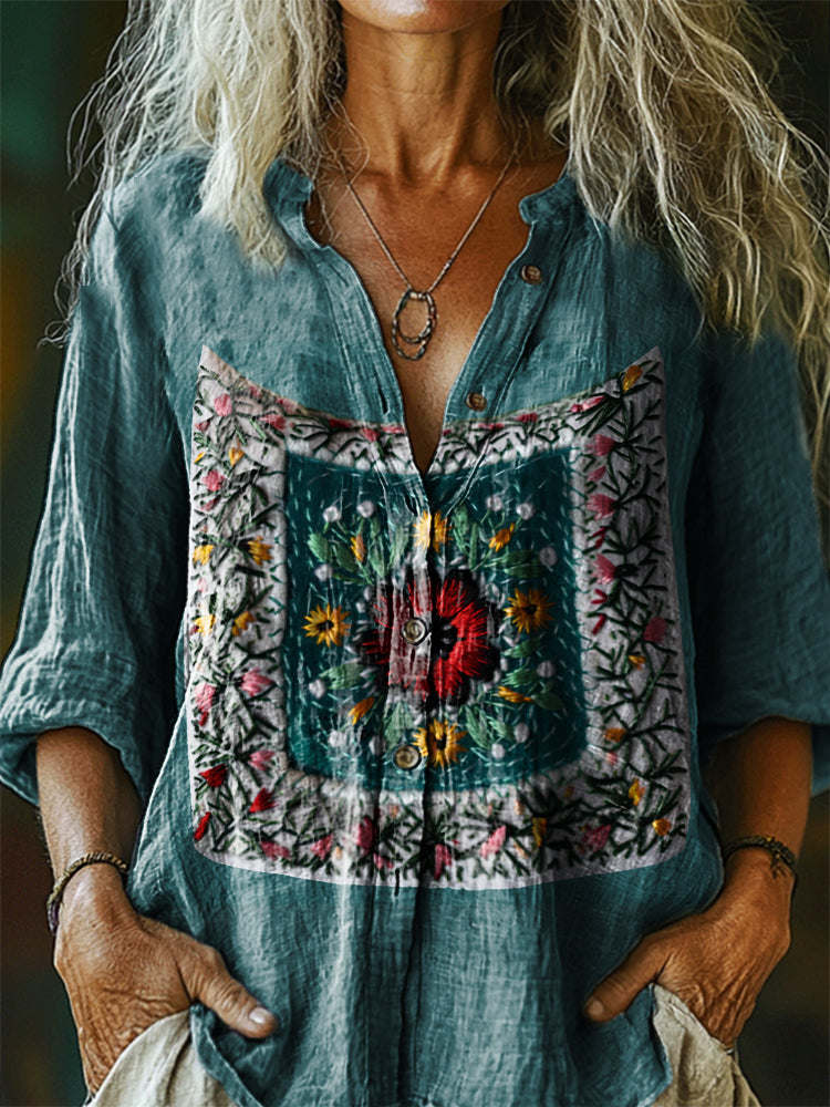 Women's Bohemian Floral Art Print Casual Cotton Linen Shirt