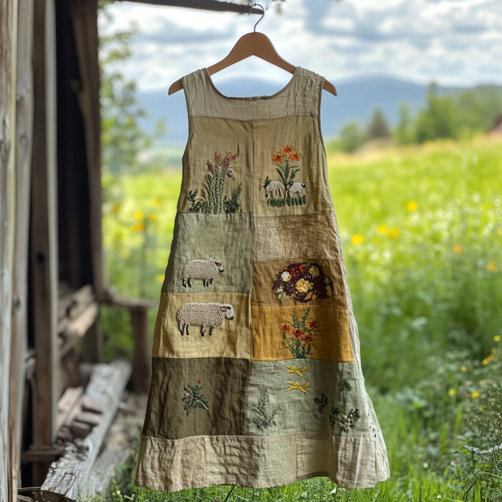 Women's Vintage Farm Sheep And Grass Print Sleeveless Dress artswardrobe