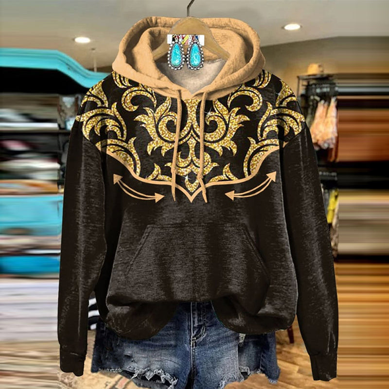 Comstylish Western Glitter Floral Print Casual Hoodie