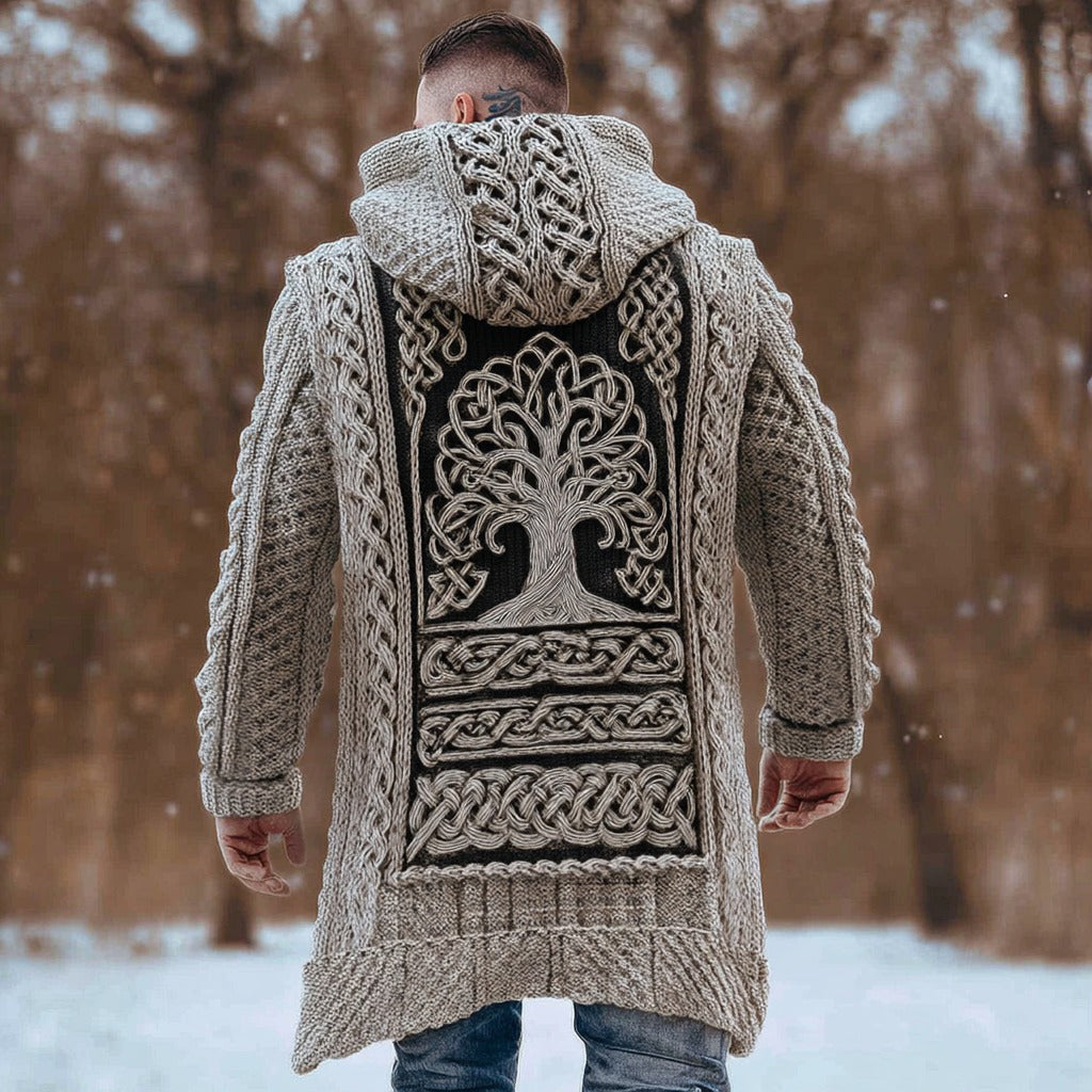 Men's Viking Celtic Knot Jacquard With Tree Of Life Knit Zipped Aran Sweater Hooded Cardigan artswardrobe
