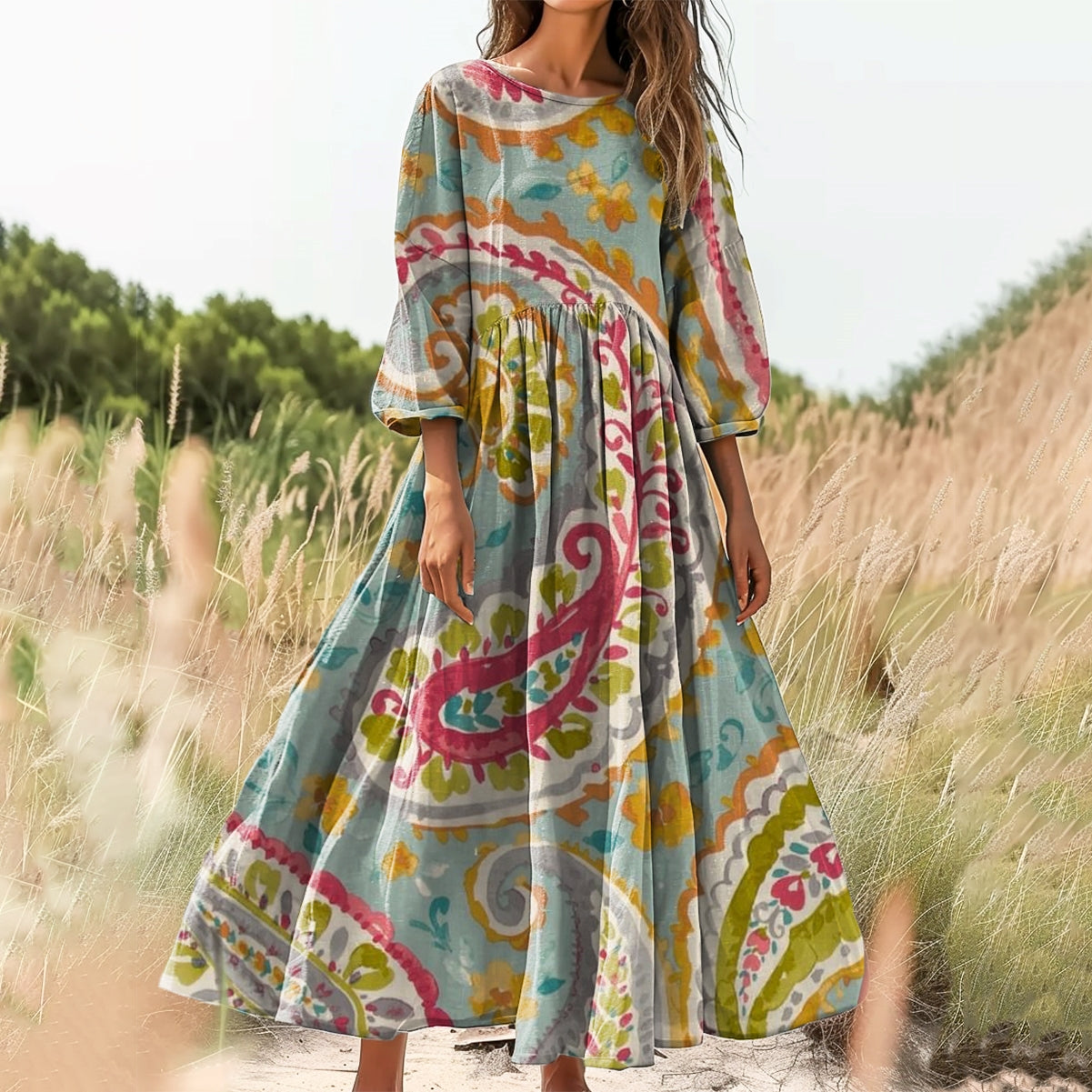 Women's Floral Embellished Pattern Art Print Cotton Crew Neck Dress