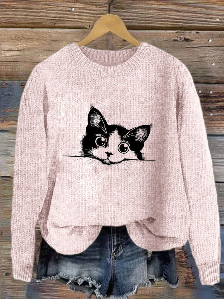 Women's Casual Funny Black Cat Print Sweater elevenforest