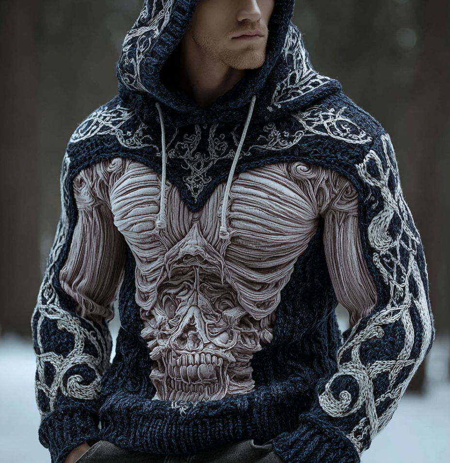 Halloween Line Art Men's Knit Warm Hooded Sweater artswardrobe