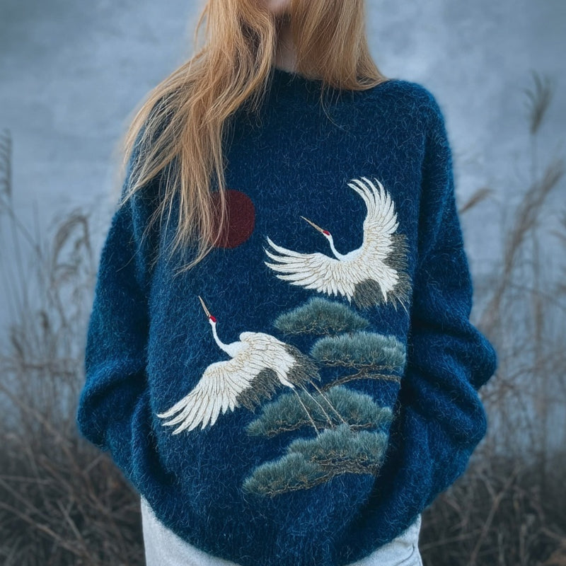 Japanese Cranes & Pine Embroidered Cozy Knit Sweater elevenforest