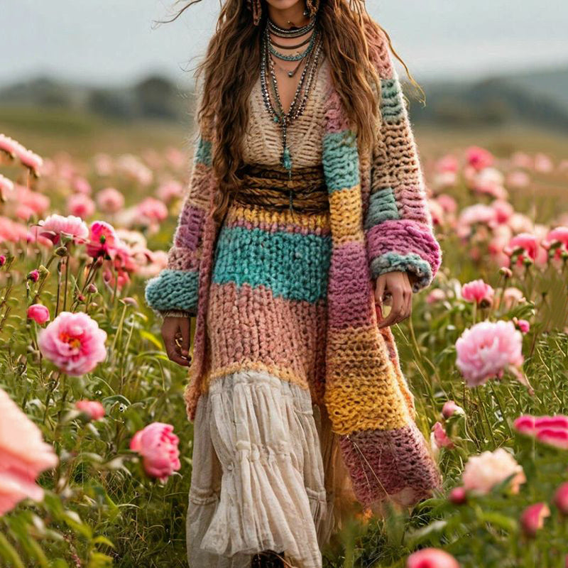 Women's Colorful Patchwork Pattern Print Cardigan elevenforest