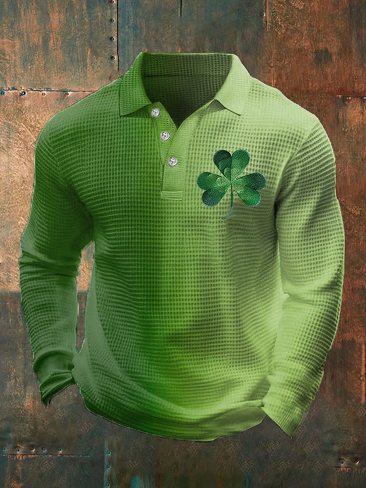 Men's St. Patrick's Day Print Waffle Long Sleeve Polo Shirt artswardrobe