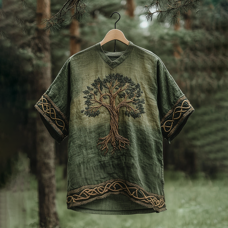 Men's Viking Celtic Tree Of Life Linen V-neck T-shirt artswardrobe