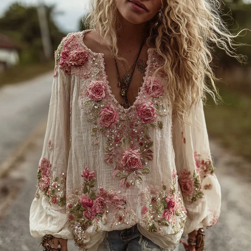 Women's Vintage Rose Floral Embroidery Art Comfy Linen Shirts artswardrobe