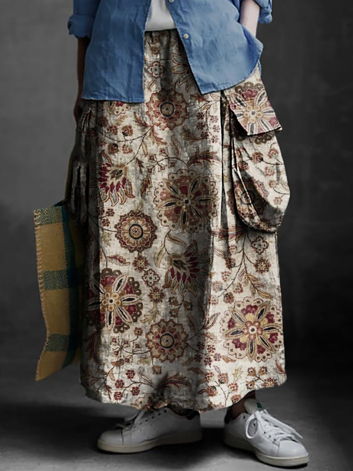 Women's Folk Art Floral Print Casual Cotton and Linen Pocket Skirt