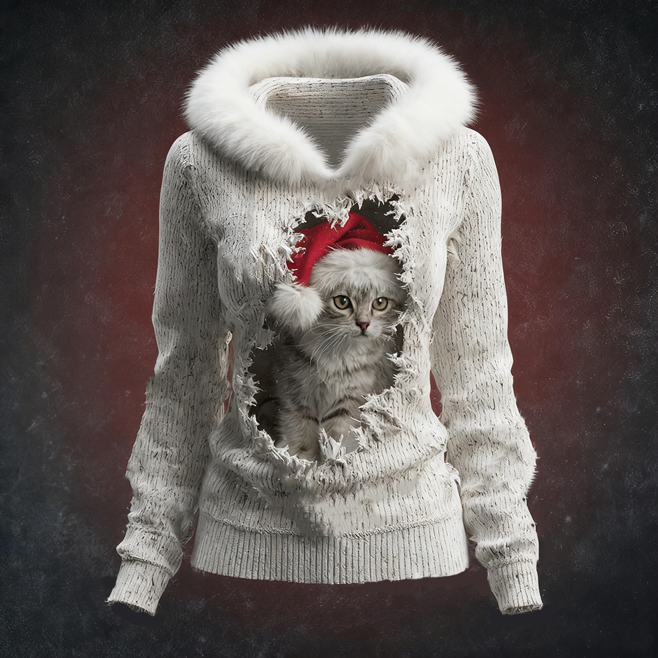 Comstylish Cute Christmas Cat Pattern Design Winter Warm Women's Hooded Knit Sweater