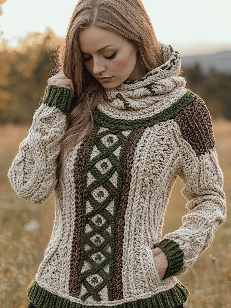 Women's Irish Celtic Knotted Jacquard Pocket Ireland's Hooded Sweater artswardrobe