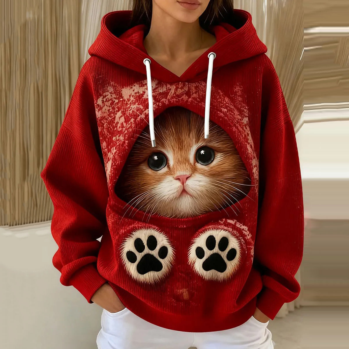 Comstylish Women's Cute Christmas Cat Art Casual Hoodie
