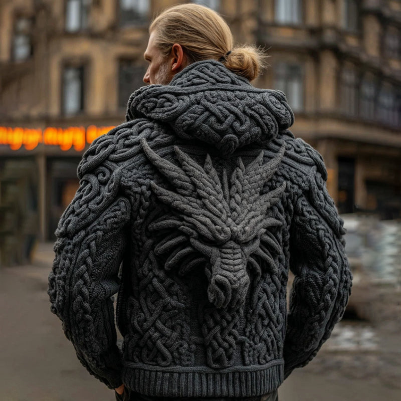 Men's Viking Celtic Dragon Jacquard Cozy Casual Hooded Sweater artswardrobe