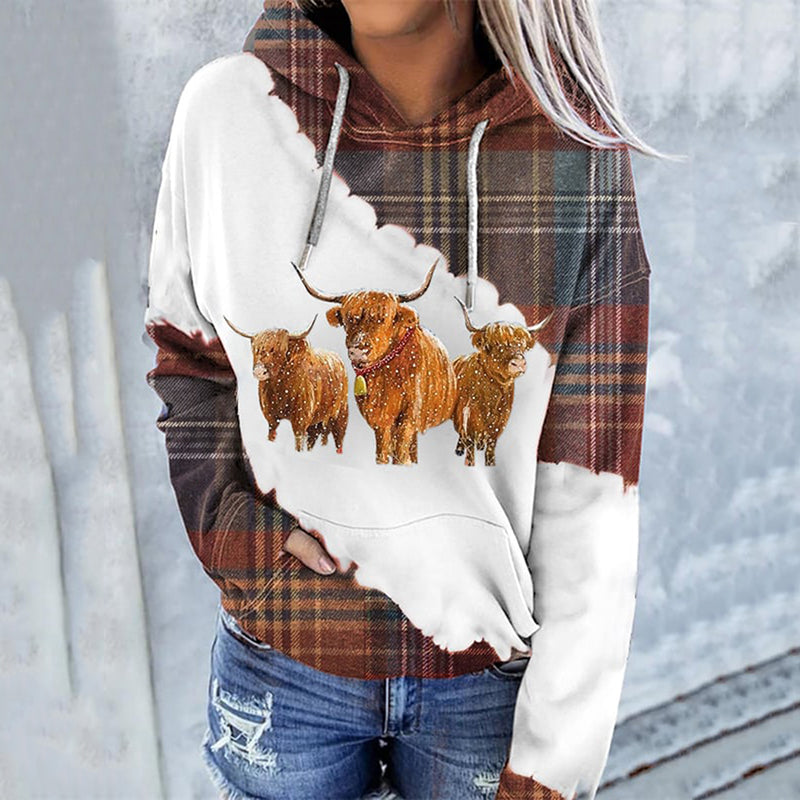 Women's Western Highland Cow Plaid Print Long Sleeve Casual Hooded artswardrobe
