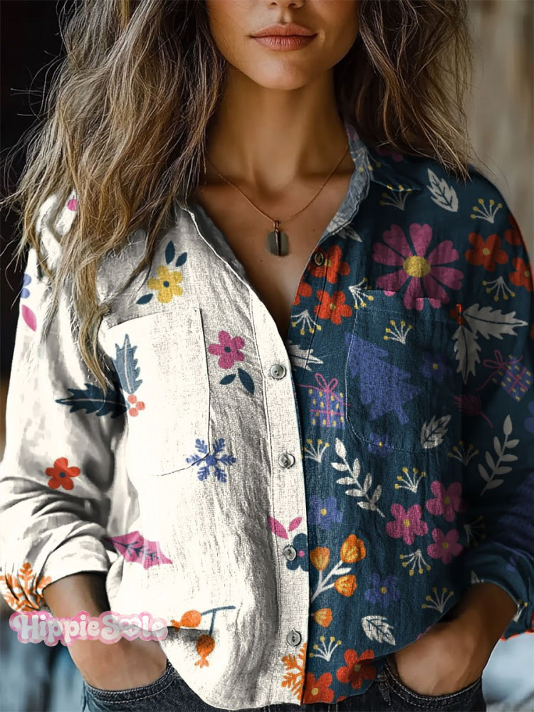 Women's Colorblock Floral Art Print Casual Long Sleeve Comfortable Cot