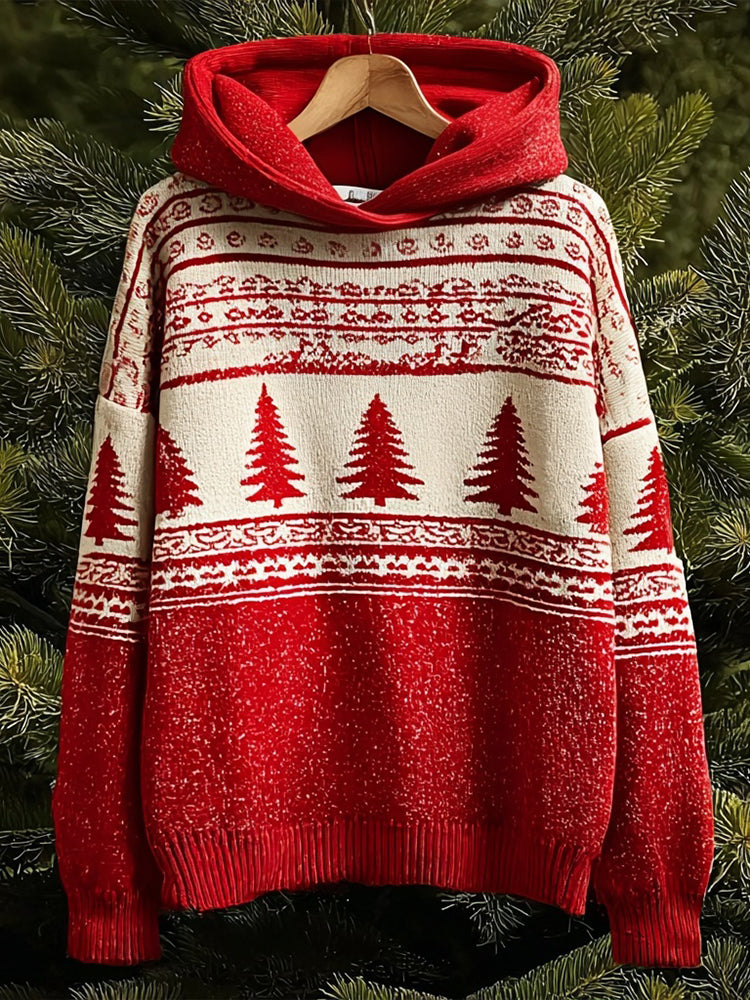 Vintage Christmas Tree Pattern Cozy Hooded Sweater artswardrobe