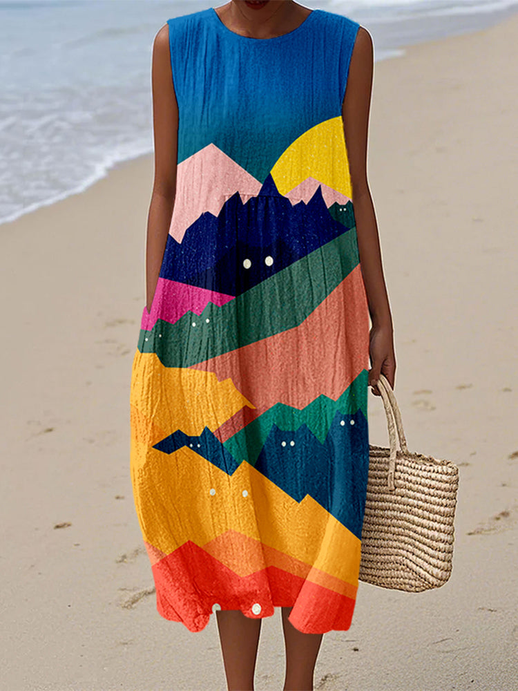 Cats And Mountains Art Linen Midi Tank Dress elevenforest