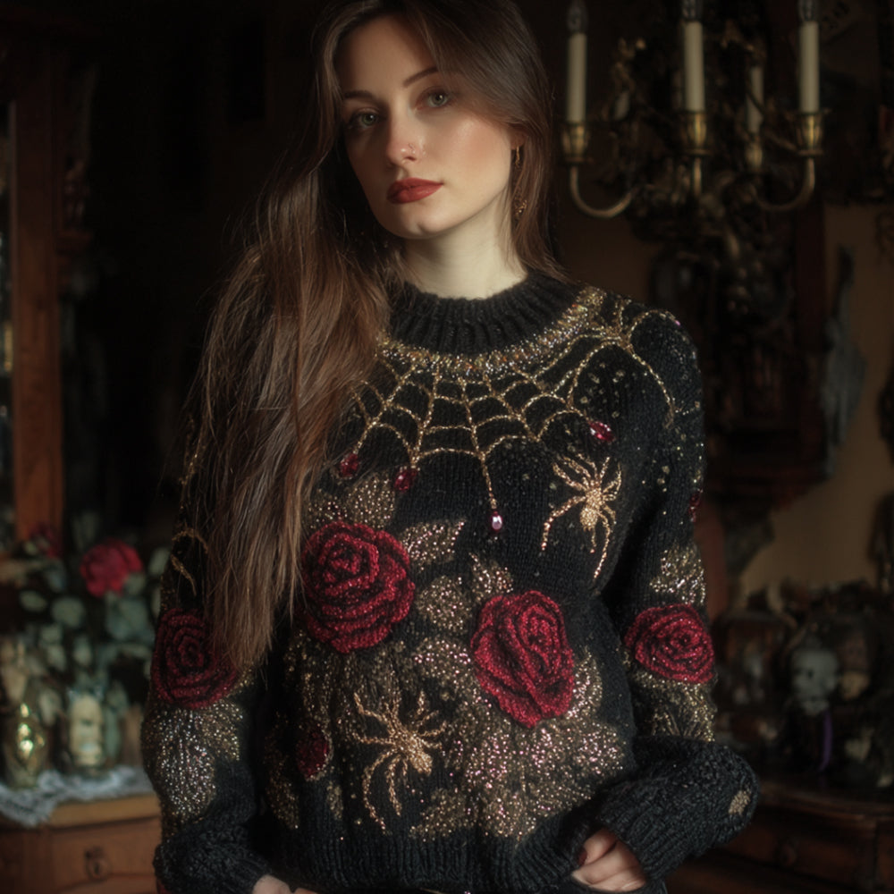 Halloween Antique Spider And Red Rose Vintage Round Neck Sweater artswardrobe