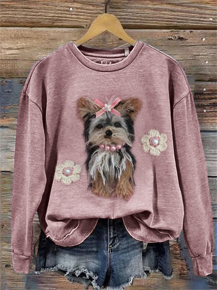 Comstylish Lovely Yorkshire Dog Floral Crochet Sweatshirt
