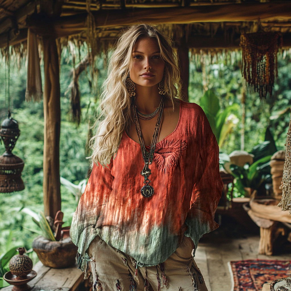 Comstylish Vintage Boho Bohemian Gradient Linen Shirt