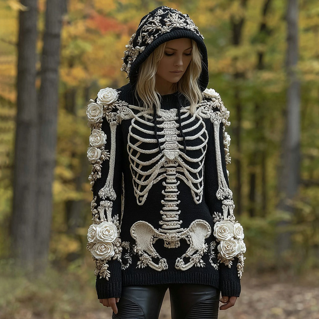 Women's Vintage Skeleton Rose Art Knit Hooded Sweater artswardrobe
