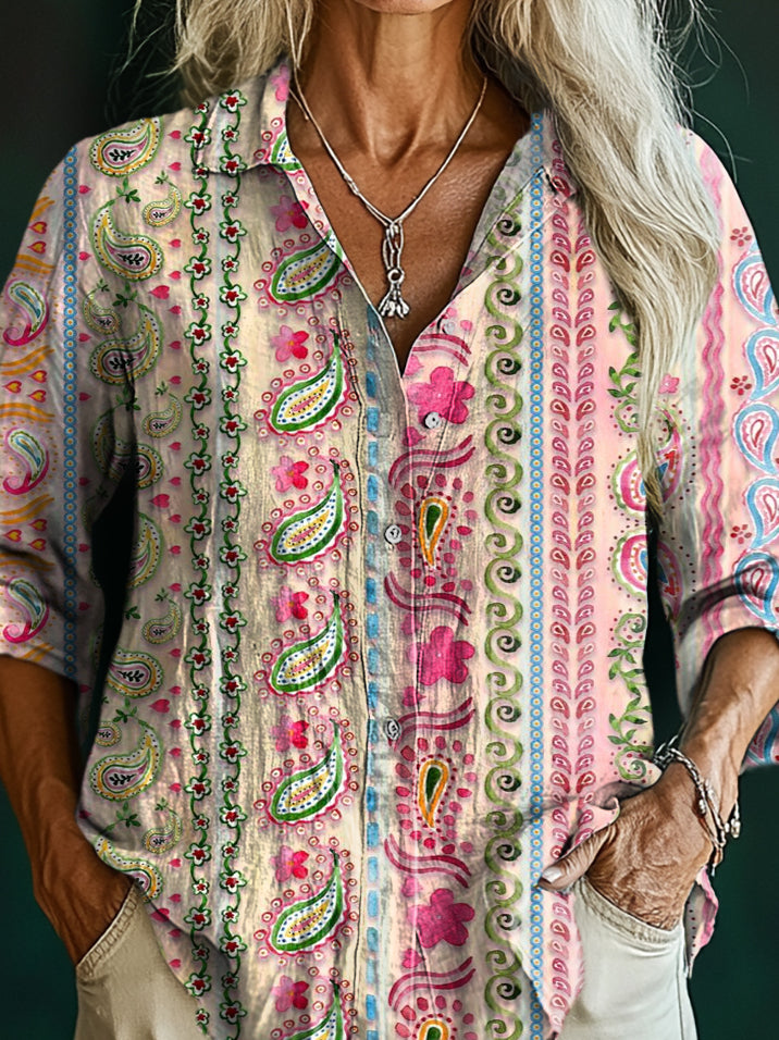 Women's Watercolor Folk Floral Art Pattern Print Casual Cotton Shirt