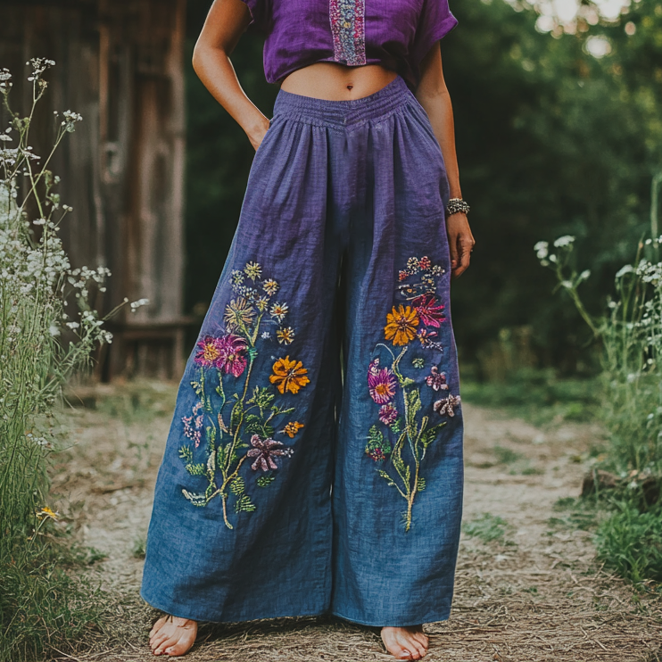 Bohemian Holiday Style Linen Bohemian Floral Gradient Print Linen Long Loose Wide-leg Pants artswardrobe