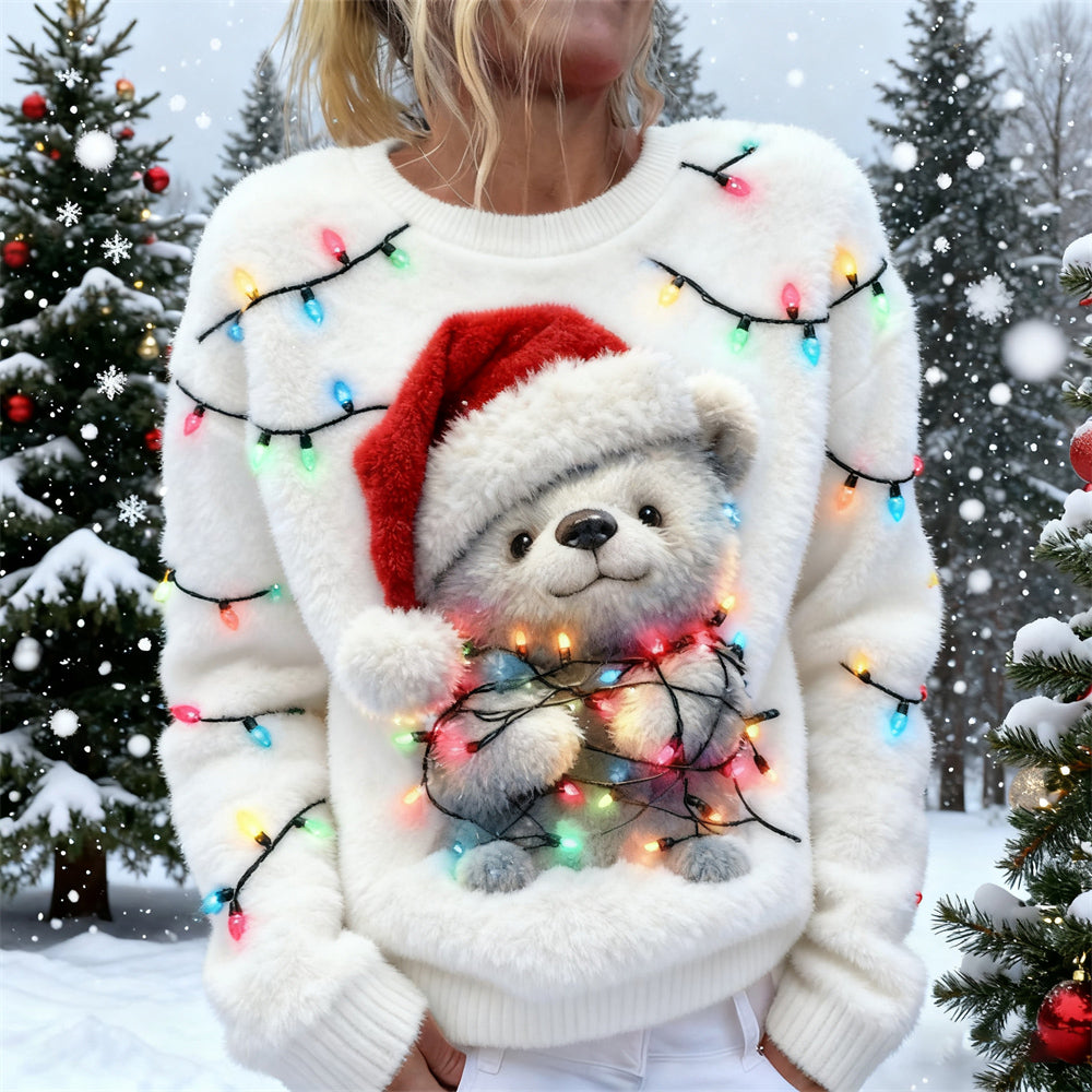 Christmas Lights Bear Women's Soft Plush Sweater