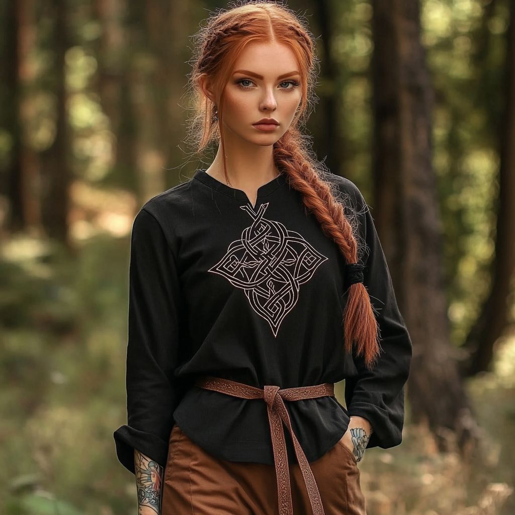 Women's Vintage Viking Rune Linen V-neck Shirt artswardrobe