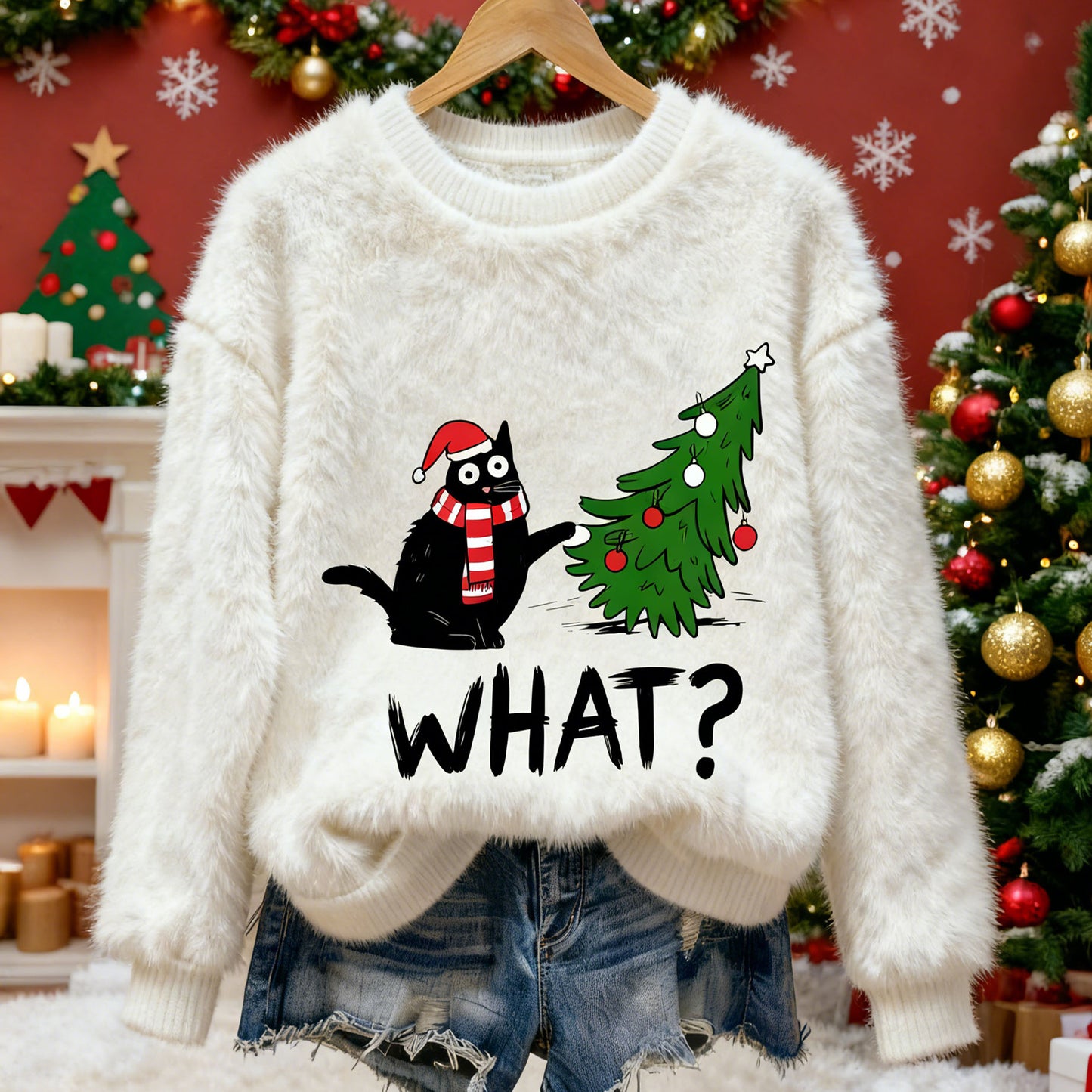 Comstylish Cute And Fun Kitten Christmas Tree Pattern Warm Crew Neck Sweater