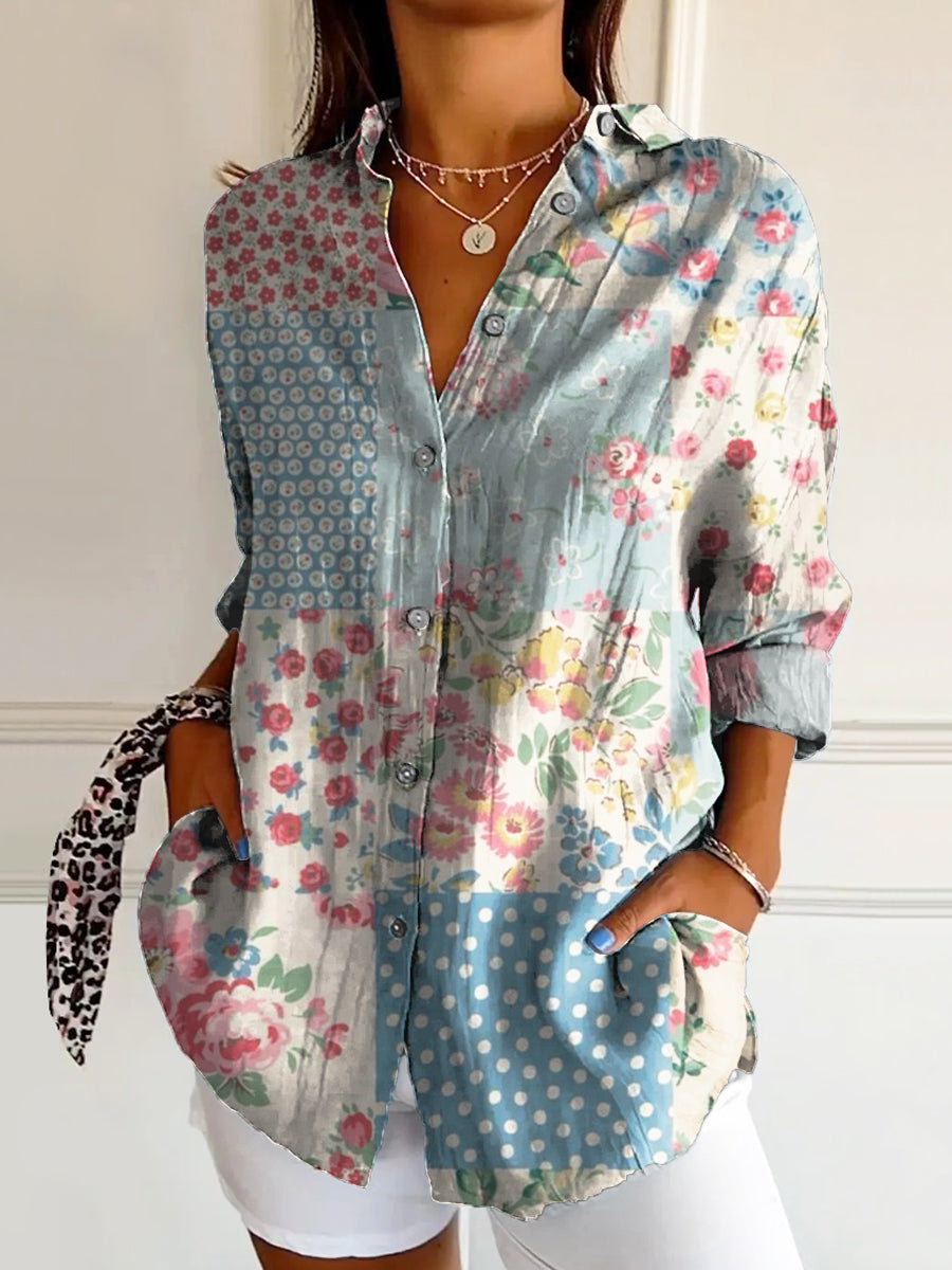 Women's Vintage Floral Patchwork Art Print Casual Cotton Shirt