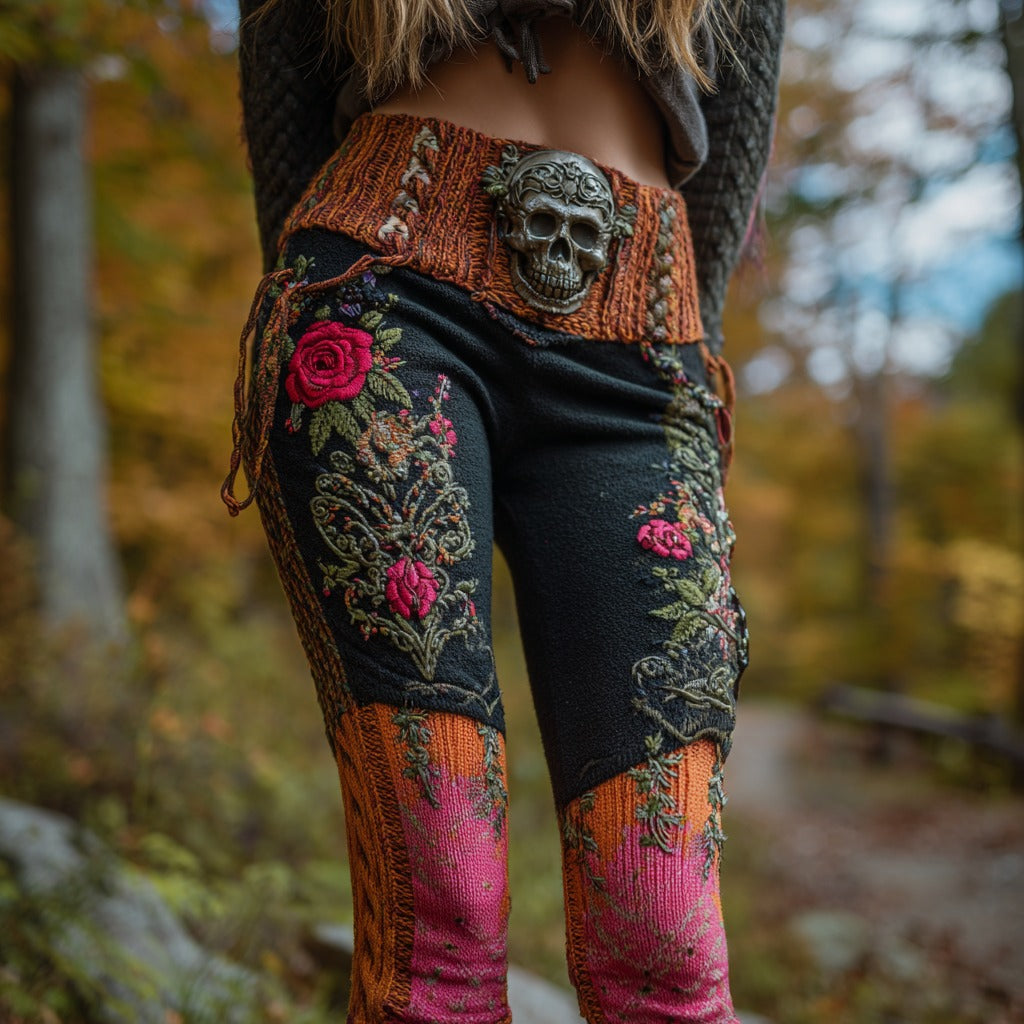 Women's Vintage Sugar Skull And Rose Pattern Comfortable Leggings elevenforest