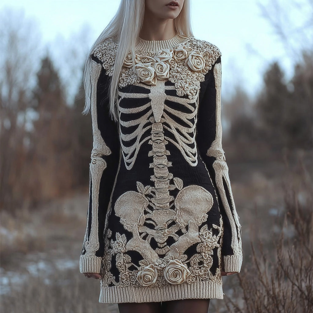 Vintage Skeleton White Roses Contrast Cozy Knit Sweater Dress artswardrobe