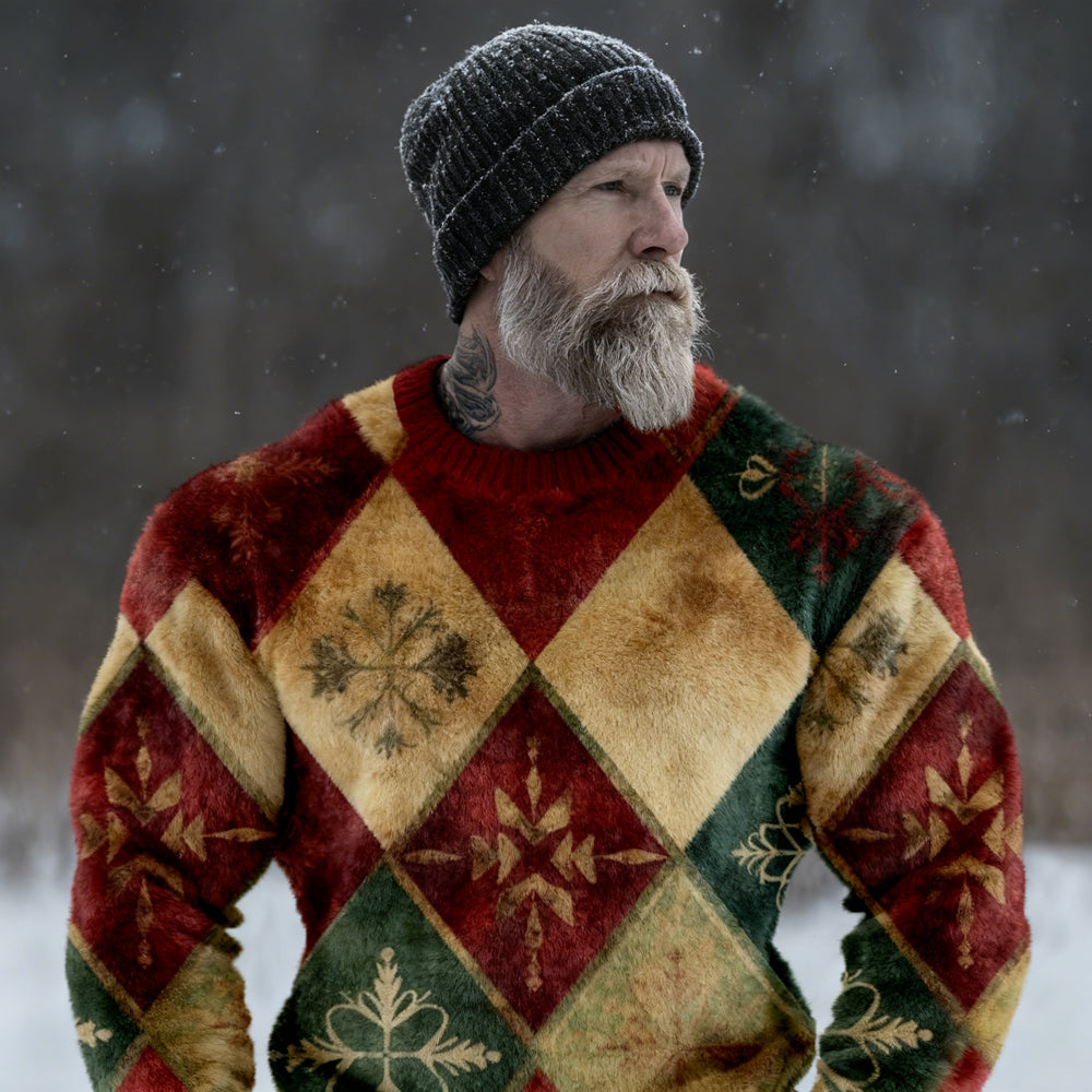 Comstylish Men's Vintage Christmas Patchwork Cozy Plush Sweatshirt