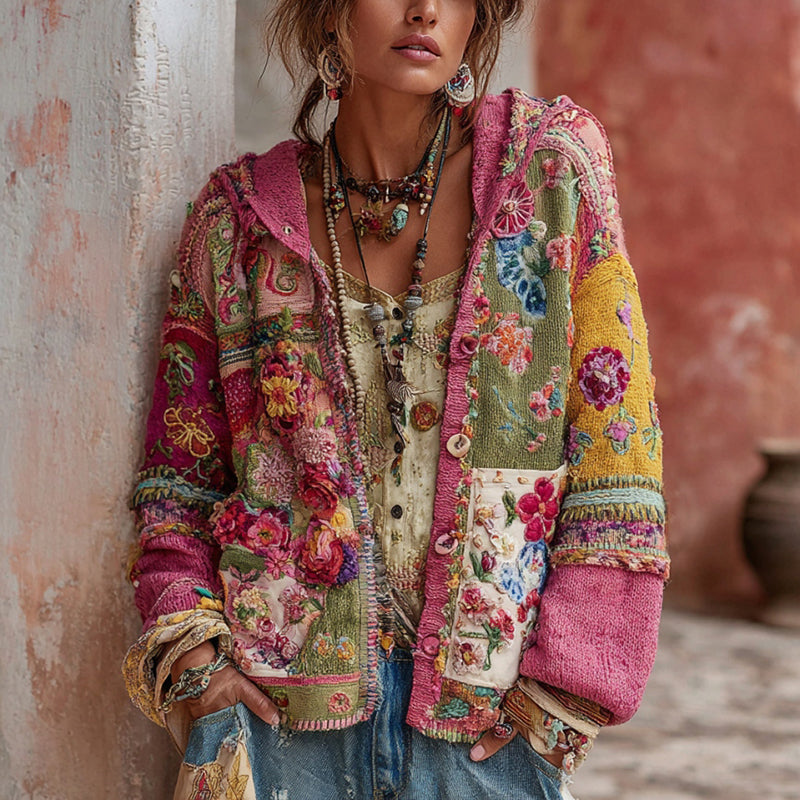 Women's Vintage Bohemian Floral Embroidery Patchwork Art Hooded Cardigan Sweater elevenforest