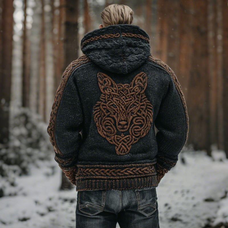 Men's Vintage Viking Wolf Celtic Knot Art Chunky Knit Hooded Zip-up Sweater artswardrobe