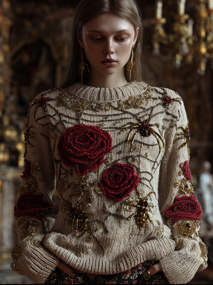 Antique Halloween Spider Silk And Red Rose Rice White Round Neck Sweater artswardrobe