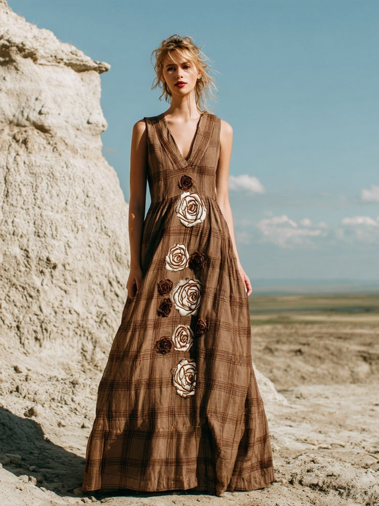Vintage Roses Embroidered Coffee Plaid Linen Maxi Dress artswardrobe