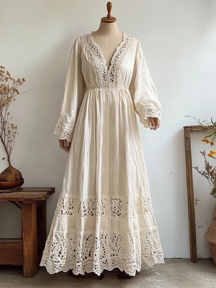 Vintage Hollow Floral Lace Patchwork Flowy Linen Maxi Dress artswardrobe
